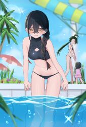  bikini black_bikini black_hair braid carmine_(pokemon) colored_inner_hair crossed_bangs eyelashes green_hair hasu_175 highres long_hair mole mole_under_eye multicolored_hair multiple_girls one-piece_swimsuit open_mouth pokemon pokemon_sv pool poolside poppy_(pokemon) red_hair rika_(pokemon) short_hair side_braid single_braid smile swimsuit two-tone_hair water yellow_eyes 