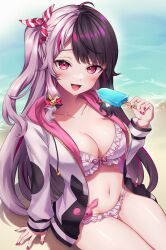  :d absurdres beach bikini black_hair breasts cleavage collarbone commentary_request female food frilled_bikini frills hair_ornament highres holding holding_food holding_popsicle jacket large_breasts looking_at_viewer multicolored_hair nail_polish navel neit_ni_sei nijisanji open_clothes open_jacket open_mouth popsicle red_eyes red_nails sand sitting smile solo swimsuit thighs two-tone_hair virtual_youtuber white_bikini white_hair white_jacket yorumi_rena yorumi_rena_(7th_costume) 