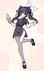  animal_ears black_dress black_footwear black_hair blue_archive blue_halo dasa_(bearisalive) dress female food full_body green_eyes halo hands_up holding holding_food holding_ice_cream ice_cream ice_cream_cone long_hair looking_at_viewer open_mouth pixel_art shoes short_sleeves shun_(blue_archive) shun_(small)_(blue_archive) solo standing standing_on_one_leg thighhighs white_thighhighs 