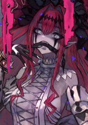  absurdres baobhan_sith_(fate) baobhan_sith_(third_ascension)_(fate) bare_shoulders bracelet breasts cross-laced_clothes cross-laced_dress detached_sleeves dress earrings facial_mark fangs fate/grand_order fate_(series) female frilled_hat frills gag grey_eyes hand_up hat highres jewelry large_hat looking_at_viewer pink_hair pointy_ears revealing_clothes sabamiso_taro sidelocks solo spiked_bracelet spikes upper_body white_dress white_nails 