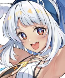  :d armpits bare_shoulders blue_hairband female genshin_impact hairband long_hair looking_at_viewer mualani_(genshin_impact) open_mouth orange_eyes smile solo tokitamago_(tokita_mago1) unfinished upper_body white_hair 