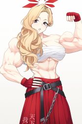  abs biceps blonde_hair blue_archive breasts character_request chest_sarashi cowboy_shot delinquent female fingerless_gloves flexing gloves halo hand_on_own_hip highres large_breasts long_eyelashes long_hair mole mole_under_eye muscular muscular_female plumbum red_gloves red_halo sarashi simple_background sukeban toned 