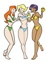  3girls alex_(totally_spies) barefoot bikini black_hair blonde_hair blue_eyes clothing clover_(totally_spies) dark-skinned_female dark_skin female_only green_eyes hazel_eyes human inspector97 lotion orange_hair pale_skin redhead sam_(totally_spies) sunscreen swimsuit swimwear totally_spies trio yellow_eyes 