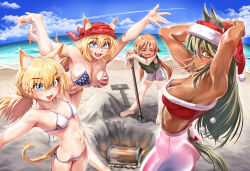  4girls absurdres alternate_costume american_flag american_flag_bikini american_flag_print animal_ears arm_up armpits arms_behind_back arms_up ass bandana barefoot beach bikini blonde_hair blue_eyes blue_sky blush bra breasts brown_eyes brown_hair cat_ears cat_girl cat_tail chtv cleavage closed_eyes cloud cloudy_sky contrail cr-21_(girls&#039;_frontline) cr-21_(wave_crest_racer)_(girls&#039;_frontline) dark-skinned_female dark_skin dog_ears dog_girl dog_tail english_commentary f1_(girls&#039;_frontline) feet flag_print fur-trimmed_bra fur_trim girls&#039;_frontline green_hair green_tank_top hair_ornament hand_up hands_up hat highres idw_(girls&#039;_frontline) leggings long_hair looking_at_viewer m500_(girls&#039;_frontline) medium_breasts multiple_girls navel ocean oerba_yun_fang official_alternate_costume open_mouth print_bikini red_bandana red_bra santa_hat shorts shovel side-tie_bikini_bottom sky small_breasts smile swimsuit tail tank_top toes treasure_chest twintails underwear white_bikini white_shorts 