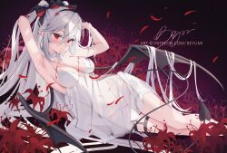  bella_(vtuber) beyumi black_bow black_wings blood blood_from_mouth blood_on_body blood_on_clothes bow breasts closed_mouth demon_tail dress ear_piercing eyelashes female grey_hair hair_between_eyes hairbow highres indie_virtual_youtuber long_hair navel neck_ribbon patreon_username piercing pointy_ears red_eyes red_spider_lily ribbon signature solo spiked_thighlet sundress tail twintails virtual_youtuber white_dress white_ribbon wings 