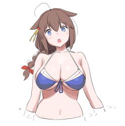  bikini blue_bikini blue_eyes braid breasts brown_hair cleavage commentary_request female hair_flaps hair_over_shoulder kantai_collection large_breasts long_hair looking_at_viewer shigure_(kancolle) shigure_kai_san_(kancolle) shigure_kai_san_(swimsuit)_(kancolle) simple_background single_braid solo swimsuit tamu_(mad_works) upper_body white_background 