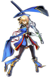  1boy blazblue blazblue:_central_fiction blonde_hair blue_footwear bodysuit boots coat elbow_gloves full_body gloves green_eyes highres jin_kisaragi katou_yuuki knee_boots looking_at_viewer male_focus official_art serious shadow solo standing sword tachi-e weapon white_background white_gloves yukianesa 