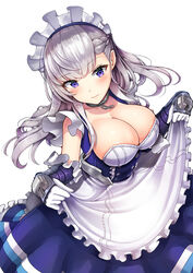  absurdres apron azur_lane bangs belfast_(azur_lane) blue_eyes blush braid breasts cannon chains cleavage collar collarbone commentary corset dress dress_lift eyebrows_visible_through_hair floating_hair french_braid frilled_sleeves frills gauntlets gloves gui_ss head_tilt highres large_breasts lifted_by_self long_hair looking_at_viewer maid maid_headdress md5_mismatch rigging sidelocks silver_hair simple_background skindentation smile solo white_background white_gloves 