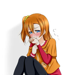  black_pants blue_eyes brown_hair clothes_writing collarbone commentary_request crying crying_with_eyes_open female hair_between_eyes hair_ornament hair_scrunchie kosaka_honoka long_hair looking_at_viewer love_live! love_live!_school_idol_project one_side_up orange_shirt pants red_shirt roaru_(gyuren) scrunchie shirt simple_background sitting solo sweatband tears white_background yellow_scrunchie 