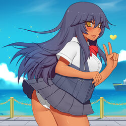  :d bag black_hair black_skirt blue_sky blush chinatsu_(kuroonehalf) cloud commentary dark-skinned_female dark_skin day english_commentary female hair_between_eyes heart kuroonehalf long_hair looking_at_viewer open_mouth original outdoors panties pantyshot pleated_skirt ship shirt signature skirt sky smile solo sparkle underwear v watercraft white_panties white_shirt 