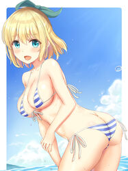  absurdres aqua_eyes ass bikini blonde_hair blue_bikini blue_sky bow breasts butt_crack cleavage cloud cloudy_sky collarbone commentary_request day female front-tie_bikini_top front-tie_top green_bow green_ribbons hair_ribbon hairbow highres inanaki_shiki large_breasts looking_at_viewer open_mouth outdoors ribbon rokudenashi_majutsu_koushi_to_akashic_record rumia_tingel shade shiny_skin short_hair side-tie_bikini_bottom sky smile solo standing striped_bikini striped_clothes swimsuit tress_ribbon underboob water 