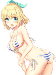  absurdres aqua_eyes ass bikini blonde_hair blue_bikini blush bow breasts butt_crack cleavage collarbone commentary_request female front-tie_bikini_top front-tie_top green_bow green_ribbons hair_ornament hair_ribbon hairbow highres inanaki_shiki large_breasts looking_at_viewer open_mouth ribbon rokudenashi_majutsu_koushi_to_akashic_record rumia_tingel shiny_skin short_hair side-tie_bikini_bottom simple_background smile solo standing striped_bikini striped_clothes swimsuit tress_ribbon underboob white_background 