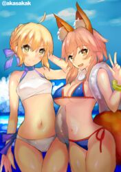  2girls :d akasakak animal_ears artoria_pendragon_(fate) artoria_pendragon_(swimsuit_archer)_(fate) artoria_pendragon_(swimsuit_archer)_(first_ascension)_(fate) bad_id bad_pixiv_id bikini blonde_hair blue_bikini blue_sky blush breasts brown_eyes cleavage cloud day fate/extra fate/grand_order fate/stay_night fate_(series) fox_ears fox_tail large_breasts long_hair looking_at_viewer multiple_girls navel open_mouth outdoors pink_hair shiny_skin side-tie_bikini_bottom sky small_breasts smile swimsuit tail tamamo_(fate) tamamo_no_mae_(swimsuit_lancer)_(fate) tamamo_no_mae_(swimsuit_lancer)_(third_ascension)_(fate) tankini thigh_gap twitter_username w white_bikini yellow_eyes 