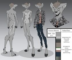  2016 anthro biped birthmark black_nose bottomwear cervine clothed clothing deer digital_drawing_(artwork) digital_media_(artwork) english_text fangs flannel looking_at_viewer majmajor male mammal markings model_sheet nude oversized_bottomwear oversized_clothing oversized_pants pants simple_background smile solo teeth text topless tufted_deer venison_belevik 