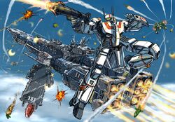  alien armor bad_id bad_pixiv_id battle choujikuu_yousai_macross cloud commentary_request contrail damaged energy_cannon explosion firing flight_deck flying gunpod ichijou_hikaru itano_circus macross mecha meltrandi military military_vehicle power_armor prometheus_(ship) queadluun-rau quimeliquola robot science_fiction sdf-1 spacecraft thrusters variable_fighter vf-1 vf-1j war wreckage yamada_yuuji zentradi 