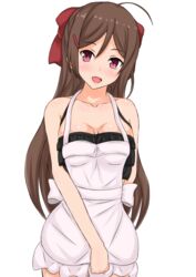  ahoge apron bikini bikini_under_clothes black_bikini blush breasts brown_hair cleavage commentary_request female frilled_bikini frills hair_between_eyes kantai_collection large_breasts linfa_(futari_midara) long_hair looking_at_viewer mamiya_(kancolle) open_mouth pink_eyes simple_background solo swimsuit white_apron white_background 