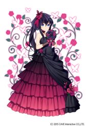  asymmetrical_clothes asymmetrical_dress bare_arms bare_shoulders black_choker black_dress black_flower black_hair black_rose blue_eyes bouquet brown_gloves butterfly_hair_ornament choker commentary_request dress dress_flower female floral_background flower frilled_dress frills full_body gathers gloves gothic_wa_mahou_otome hair_between_eyes hair_ornament hair_ribbon hands_up highres holding holding_bouquet holding_flower jenevan long_dress long_hair looking_at_viewer neck_flower official_art pendant_choker pink_flower pink_rose red_dress red_flower red_rose ribbon rose solo standing stenciled_rose veil watermark white_flower white_rose 