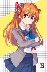  black_skirt bow commentary_request female gekkan_shoujo_nozaki-kun hairbow highres hiroki_(hirokiart) long_hair looking_at_viewer orange_hair partial_commentary pleated_skirt purple_eyes rouman_academy_school_uniform sakura_chiyo school_uniform serafuku skirt solo spanish_commentary 