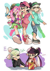  +_+ 3girls ;p black_footwear black_hair black_hat black_jacket black_shirt blue_footwear blue_pants bracelet brown_eyes bucket cabbie_hat callie_(splatoon) capri_pants casual clownfish commentary cross-laced_footwear earrings eating english_commentary english_text fangs fish food food_on_head french_fries gomipomi green_shirt green_skirt grey_hair hair_over_shoulder harmony&#039;s_clownfish_(splatoon) harmony_(splatoon) hat head_rest inkling jacket jewelry letterman_jacket locked_arms long_hair looking_at_another marie_(splatoon) miniskirt mole mole_under_eye multiple_girls object_on_head one_eye_closed open_clothes open_jacket open_mouth pants parted_lips photoshop_(medium) pleated_skirt pointing pointing_up pointy_ears polo_shirt print_shirt purple_hat purple_shirt purple_shorts red_footwear red_jacket scrunchie shirt shoes short_hair short_sleeves shorts side-by-side sitting skirt smirk sneakers splatoon_(series) standing striped_clothes striped_headwear sushi sweatdrop t-shirt table tongue tongue_out tropical_fish walking 