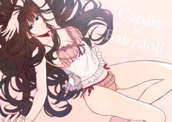  aqua_eyes ariake_aria arm_up babydoll breasts brown_hair cardia_beckford character_name cleavage code:realize commentary_request female frills large_breasts legs lingerie long_hair looking_at_viewer parted_lips pink_background see-through simple_background solo underwear 