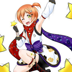  ;d arm_up armpits bike_shorts black_gloves black_shorts bow commentary_request detached_sleeves female fingerless_gloves gloves hair_ornament hoshizora_rin looking_at_viewer love_live! love_live!_school_idol_project ninja one_eye_closed one_side_up open_mouth orange_hair purple_bow red_scarf roaru_(gyuren) scarf short_hair shorts simple_background smile solo star_(symbol) striped striped_bow thigh_strap white_background yellow_eyes 