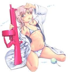  aa-12 bad_id bad_pixiv_id bikini breasts candy commentary_request female food full_body gun hase_yu lab_coat little_armory lollipop looking_at_viewer mouth_hold navel ooizumi_ren pink_hair polka_dot polka_dot_bikini red_eyes rifle short_hair short_twintails shotgun simple_background sitting small_breasts solo swimsuit twintails wariza water_balloon water_gun weapon white_background white_bikini 