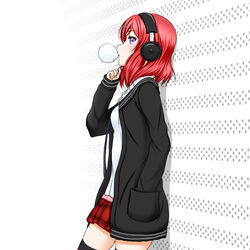  against_wall black_sweater black_thighhighs blue_necktie cardigan chewing_gum commentary_request female from_side hair_between_eyes hand_in_pocket headphones looking_at_viewer love_live! love_live!_school_idol_project medium_hair miniskirt necktie nishikino_maki open_cardigan open_clothes pleated_skirt purple_eyes red_hair red_skirt roaru_(gyuren) shirt skirt solo standing sweater thighhighs white_background white_shirt zettai_ryouiki 