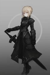  ahoge armor armored_dress artoria_pendragon_(fate) bad_id bad_pixiv_id black_armor blonde_hair braid excalibur_(fate/stay_night) excalibur_morgan_(fate) fate/stay_night fate_(series) female french_braid gauntlets gradient_background gyup hand_on_hilt looking_at_viewer saber_alter simple_background solo sword weapon yellow_eyes 