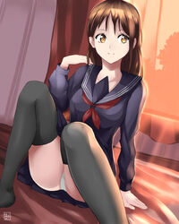  bed black_shirt black_skirt black_thighhighs brown_eyes brown_hair collarbone commentary_request female hiroki_(hirokiart) long_hair original pleated_skirt school_uniform shirt sitting skirt smile solo thighhighs 