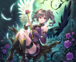  angel_wings boots commentary_request detached_sleeves drill_hair female flower gothic_lolita grey_hair hair_flower hair_ornament highres idolmaster idolmaster_cinderella_girls kanzaki_ranko knee_boots lolita_fashion long_hair no_socks red_eyes rose rosenburg_engel_(idolmaster) smile solo staff toshi twin_drills twintails wings 