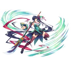  absurdly_long_hair bare_shoulders black_thighhighs blue_hair blush breasts detached_sleeves female fingernails full_body highres holding holding_weapon kan&#039;u_(koihime_musou) katagiri_hinata koihime_musou large_breasts loafers long_hair looking_at_viewer naginata necktie official_art open_mouth polearm sennen_sensou_aigis shiny_clothes shiny_skin shoes side_ponytail skirt sleeveless solo thighhighs transparent_background very_long_hair weapon wide_sleeves yellow_eyes zettai_ryouiki 