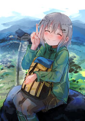  ^_^ absurdres backpack bag blush brown_hair closed_eyes commentary_request day female hair_ornament hairclip highres inami_hatoko jacket landscape long_sleeves outdoors pantyhose photoshop_(medium) rock shell_jacket short_hair shorts sitting smile solo unworn_backpack unworn_bag v yama_no_susume yukimura_aoi 