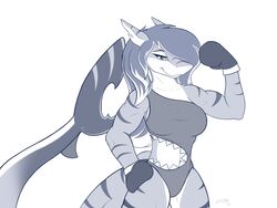  2018 4:3 anthro boxing_gloves breasts clothed clothing cutout dsixzey female fish flexing handwear looking_at_viewer marine monochrome muscular muscular_anthro muscular_female non-mammal_breasts one-piece_swimsuit shark sharkini simple_background single_strap single_strap_clothing single_strap_swimsuit single_strap_swimwear smile solo swimwear white_background 