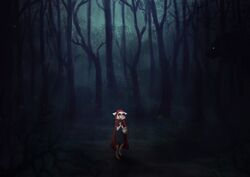  absurd_res anthro basket bovid cape caprine cloak clothed clothing container dark darkness domestic_sheep fairy_tales female forest hi_res holding_object hood little_red_riding_hood little_red_riding_hood_(copyright) mammal plant psi_(artist) scared sheep solo standing tree young young_anthro 