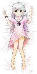  :o absurdres barefoot black_scrunchie blush brown_eyes clothes_lift commentary_request dakimakura_(medium) dress dress_lift female full_body hair_between_eyes hair_ornament hair_scrunchie highres long_hair looking_at_viewer lying mahou_shoujo_madoka_magica mahou_shoujo_madoka_magica:_hangyaku_no_monogatari momoe_nagisa na_bia on_back pink_dress polka_dot polka_dot_dress scrunchie solo two_side_up wavy_hair white_hair 