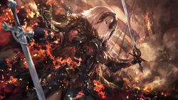  armor armored_dress army azomo banner black_armor black_capelet black_cloak black_dress black_gloves blurry breasts capelet chinese_commentary cloak commentary_request cowboy_shot depth_of_field dragon dress dutch_angle fate/grand_order fate_(series) faulds female fire from_below fur_collar gauntlets gloves grey_hair hair_between_eyes headpiece highres holding holding_sword holding_weapon jeanne_d&#039;arc_alter_(avenger)_(fate) jeanne_d&#039;arc_alter_(avenger)_(first_ascension)_(fate) jeanne_d&#039;arc_alter_(fate) large_breasts looking_away outdoors partial_commentary photoshop_(medium) plackart planted planted_sword short_hair smile smirk smoke solo standing sword tsurime weapon white_hair wind yellow_eyes 