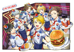  315diner_(idolmaster) 6+boys apron ascot bad_id bad_pixiv_id badge beit_(idolmaster) brown_hair button_badge checkered_floor cup disposable_cup dutch_angle employee_uniform food french_fries garrison_cap grey_hair half_updo hand_on_own_hip hat hazama_michio headset idolmaster idolmaster_side-m kadono_torihiki knee_pads looking_at_viewer maita_rui male_focus multiple_boys neon_lights pants pierre_bichelberger purple_eyes red_ascot red_pants s.e.m_(idolmaster) short_sleeves smile takajo_kyoji uniform waist_apron watanabe_minori wrist_cuffs yamashita_jiro 