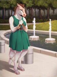  2019 5_fingers anthro breasts brown_hair clothed clothing day detailed_background digital_media_(artwork) equid equine female fingers green_eyes hair hooves horse lunalei mammal outside pensive sad sky solo tail 