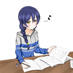  blue_hair blush book braid collarbone commentary_request eighth_note eraser female hair_between_eyes holding holding_pen long_hair love_live! love_live!_school_idol_project musical_note open_book pen roaru_(gyuren) simple_background single_braid sitting smile solo sonoda_umi sweater white_background yellow_eyes zipper 