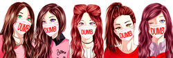  5girls animification blue_eyes brown_hair choker close-up clothes_writing collared_shirt column_lineup commentary_request dumb_dumb_(song) english_text green_eyes hair_ornament hairclip high_ponytail irene_(red_velvet) joy_(red_velvet) k-pop long_hair looking_at_viewer mask mouth_mask multiple_girls one_eye_closed pink_eyes ponytail purple_eyes real_life red_hair red_velvet_(group) seulgi_(red_velvet) shirt simple_background sm_entertainment surgical_mask wendy_(red_velvet) white_background xogichan yellow_eyes yeri_(red_velvet) 