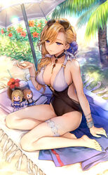  azur_lane bad_id bad_pixiv_id barefoot blonde_hair blue_eyes bracelet breasts casual_one-piece_swimsuit character_doll cleavage coconut commentary_request drinking_straw eyewear_on_head female fruit_cup highres hood_(azur_lane) hood_(lady_of_the_shining_sun)_(azur_lane) jewelry kaguyuzu legs long_hair long_legs official_alternate_costume one-piece_swimsuit parasol photoshop_(medium) renown_(azur_lane) repulse_(azur_lane) sand seashell shell signature swimsuit thighlet umbrella 