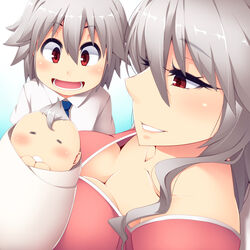  2boys alternate_hair_length alternate_hairstyle baby baby_carry blue_necktie blush breast_press breasts carrying cleavage closed_eyes collarbone collared_shirt colored_eyelashes commentary_request female from_side grey_hair grin hair_between_eyes hair_down half-closed_eyes hayashi_custom holding izayoi_sakuya large_breasts long_hair looking_down mother_and_daughter mother_and_son multiple_boys necktie parent_and_child perspective photoshop_(medium) pink_lips red_eyes shiny_skin shirt short_sleeves size_difference smile touhou white_shirt wrapped_up 