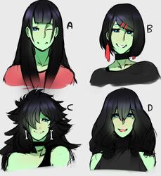  alternate_hairstyle black_hair blue_eyes bone choker dual_persona female female_orc green_skin long_hair monster_girl nina_(scathegrapes) orc scathegrapes short_hair solo teeth wink 