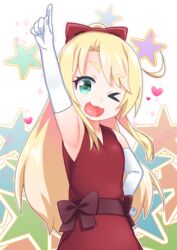  &gt;_o :3 ;d arm_up armpits blonde_hair bow commentary_request dress elbow_gloves female gloves green_eyes hairbow happy_happy_friends high_ponytail highres himesaka_noa index_finger_raised kirisame_mia long_hair one_eye_closed open_mouth ponytail red_bow red_dress sleeveless sleeveless_dress smile solo star_(symbol) thick_eyebrows upper_body v-shaped_eyebrows very_long_hair watashi_ni_tenshi_ga_maiorita! white_background white_gloves 