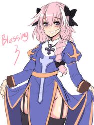  1boy astolfo_(fate) black_bow black_ribbon black_thighhighs blush bow braid commentary cosplay cross fate/apocrypha fate/grand_order fate_(series) garter_straps hair_intakes high_priest_(ragnarok_online) high_priest_(ragnarok_online)_(cosplay) highres hinghoi long_braid long_hair long_sleeves looking_at_viewer male_focus multicolored_hair otoko_no_ko pink_hair priestess purple_eyes ragnarok_online ribbon simple_background single_braid smile solo streaked_hair thighhighs two-tone_hair white_background white_hair 