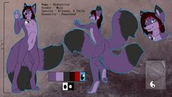  3_tails anthro ass biped canid canine digital_media_(artwork) english_text fox full-length_portrait fur hair hydrattler jewelry looking_at_viewer male mammal model_sheet multi_tail necklace nude portrait side_view singingbirdstudio solo standing tail tattoo text yin_yang 