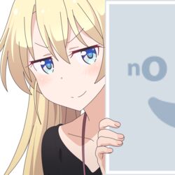  black_shirt blonde_hair blue_eyes blush collarbone commentary_request female hair_between_eyes long_hair looking_at_viewer mugen_ouka new_game! no_image peeking_out pixiv shirt solo upper_body vector_trace yagami_kou 