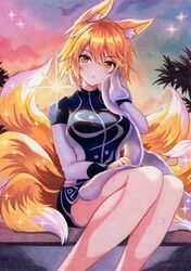  adapted_costume animal_ear_fluff animal_ears bare_legs blonde_hair blue_shirt blue_skirt blush breasts commentary feet_out_of_frame female fox_ears fox_tail hand_up head_tilt highres holding holding_towel kittona large_breasts long_sleeves looking_at_viewer midriff_peek miniskirt multicolored_shirt multiple_tails no_headwear shirt sitting skirt sky solo sparkle sunset sweat tail thighs touhou towel traditional_media tree watercolor_pencil_(medium) white_shirt yakumo_ran yellow_eyes 