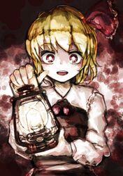  blonde_hair commentary_request female hair_ribbon highres lantern looking_at_viewer open_mouth red_eyes ribbon rumia short_hair smile solo touhou upper_body wasabisuke 