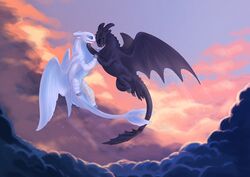  2019 acidapluvia black_body claws day digital_media_(artwork) dragon dreamworks duo european_mythology feral flying fury_(httyd) horn how_to_train_your_dragon light_fury membrane_(anatomy) membranous_wings mythological_creature mythological_scalie mythology night_fury nubless outside scalie sky smile tail tongue tongue_out toothless western_dragon white_body wings 